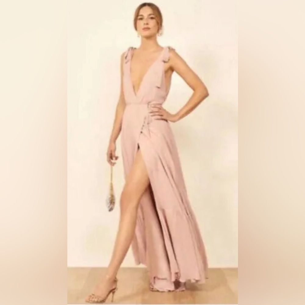 Reformation Chardonnay Dress – Blush Pink | Elegant Plunge Maxi Gown